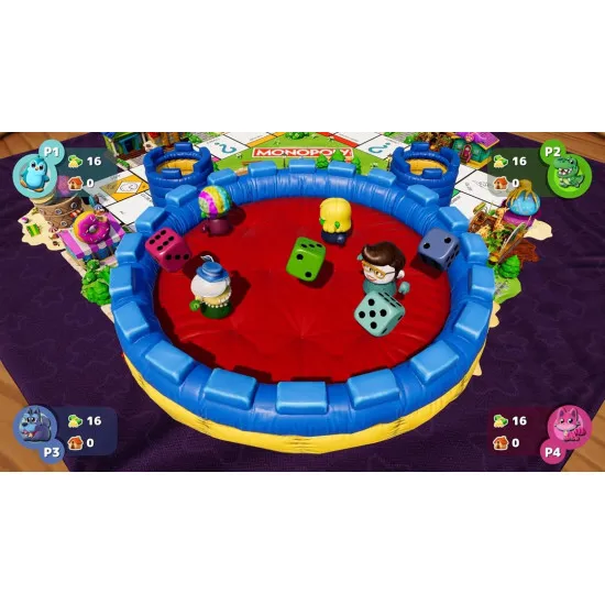 A Nintendo Switch game case featuring smiling children characters driving a toy car down a bright path with Mr. Monopoly tipping his top hat