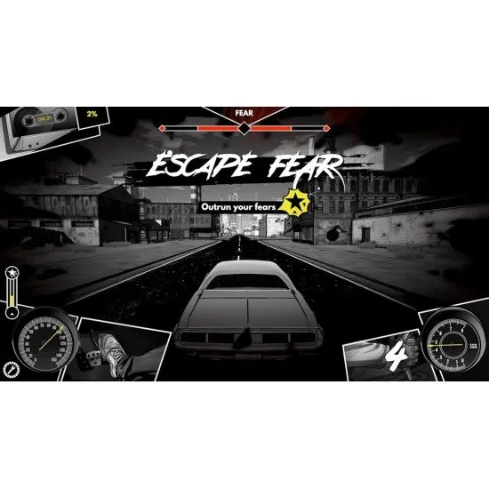 A PlayStation 5 game case showing a striking minimalist, black-and-white comic book inspired muscle car racing down an open highway under a dramatic sky