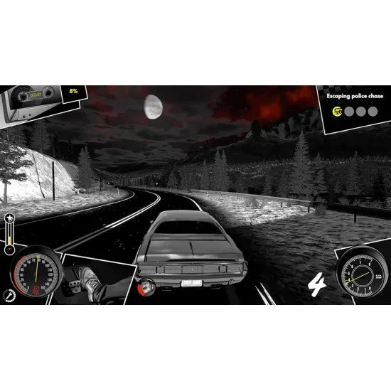 A PlayStation 5 game case showing a striking minimalist, black-and-white comic book inspired muscle car racing down an open highway under a dramatic sky
