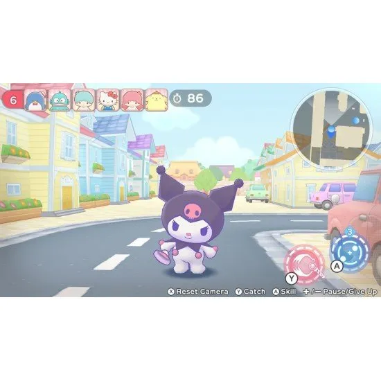 The box art for the game Hello Kitty and Friends: Freeze Tag Party on Nintendo Switch, showing Hello Kitty and other Sanrio characters in a dynamic tag game.