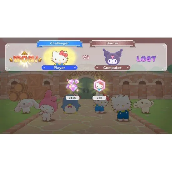 The box art for the game Hello Kitty and Friends: Freeze Tag Party on Nintendo Switch, showing Hello Kitty and other Sanrio characters in a dynamic tag game.