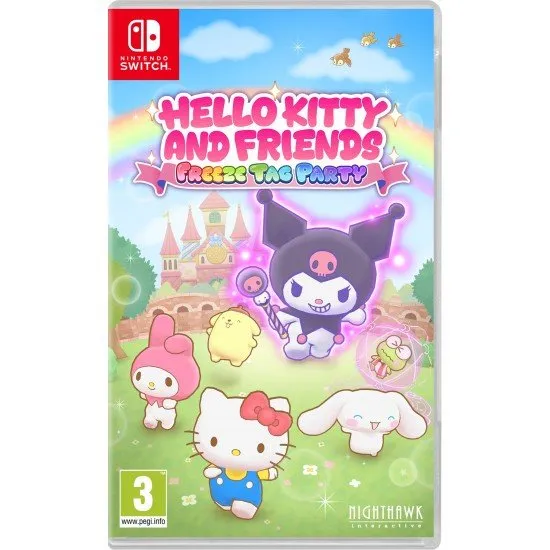 The box art for the game Hello Kitty and Friends: Freeze Tag Party on Nintendo Switch, showing Hello Kitty and other Sanrio characters in a dynamic tag game.