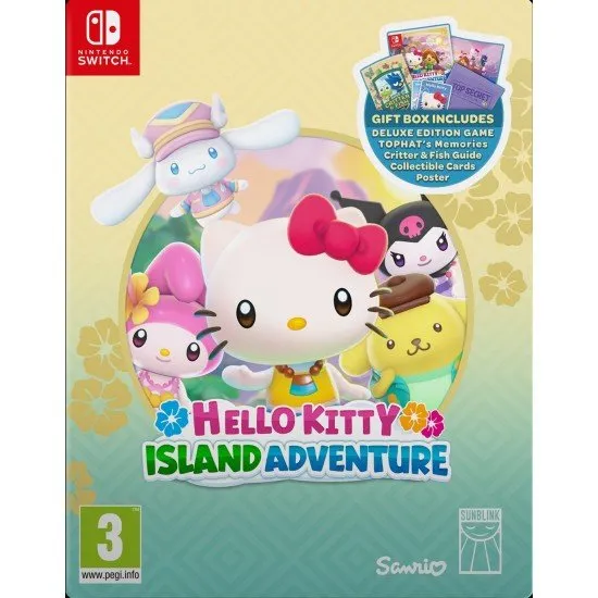 Hello Kitty Island Adventure Gift Box Switch box art showing Hello Kitty and Sanrio friends on the island, with an overlay of the included physical items