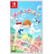 A Nintendo Switch game case featuring Hello Kitty, My Melody, and Cinnamoroll surrounded by colorful party balloons, confetti, and bright arcade mini-game boards