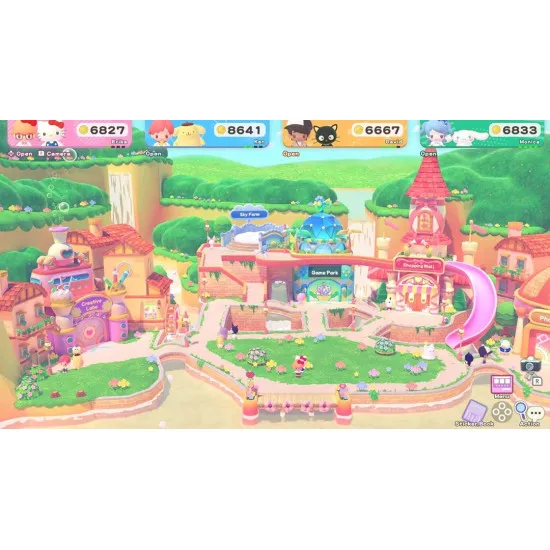A Nintendo Switch 2 gamecase showing Pom Pom Purin and Badtz-Maru playing an interactive cooking mini-game rendered in crisp high-resolution 3D graphics