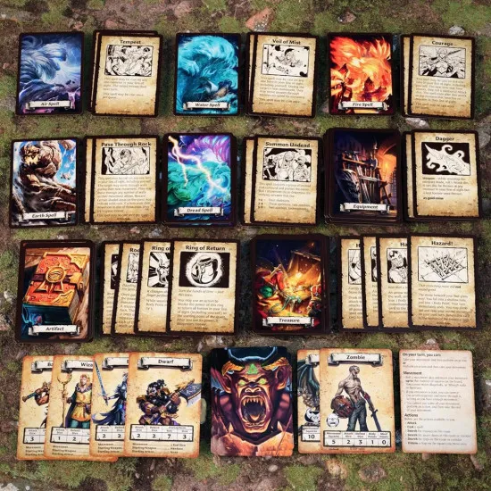 A board game box showing a brave barbarian, dwarf, elf, and wizard fighting a massive red dragon inside a dark, ancient stone dungeon