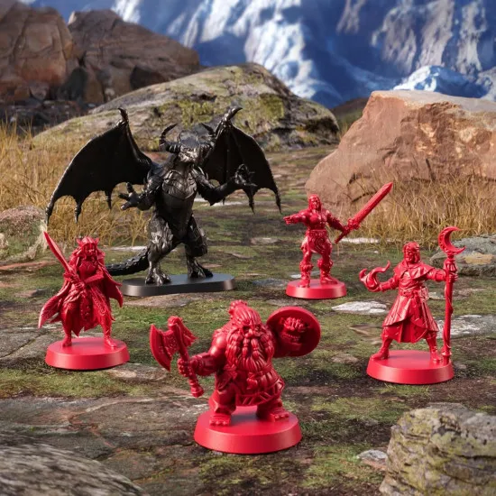 A board game box showing a brave barbarian, dwarf, elf, and wizard fighting a massive red dragon inside a dark, ancient stone dungeon