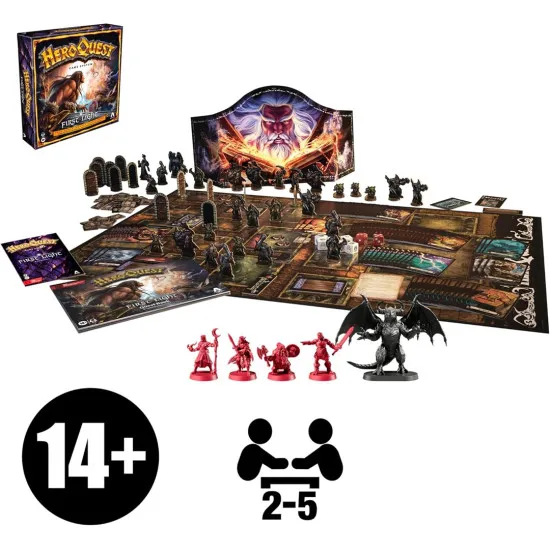 A board game box showing a brave barbarian, dwarf, elf, and wizard fighting a massive red dragon inside a dark, ancient stone dungeon