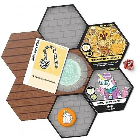 Heroes of Barcadia fantasy drinking party game with power-up cards, loot cards, and health bar cups