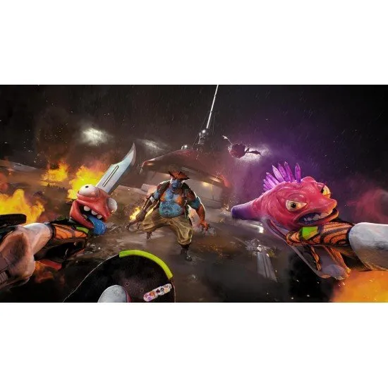 High on Life 2 PS5 game cover featuring talking alien weapons and a character riding a hover-skateboard across a vibrant alien world