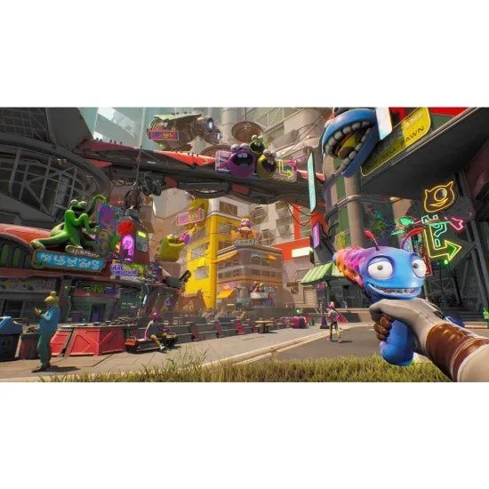 A colourful alien world with a human holding a blue talking pistol looking at a massive purple creature