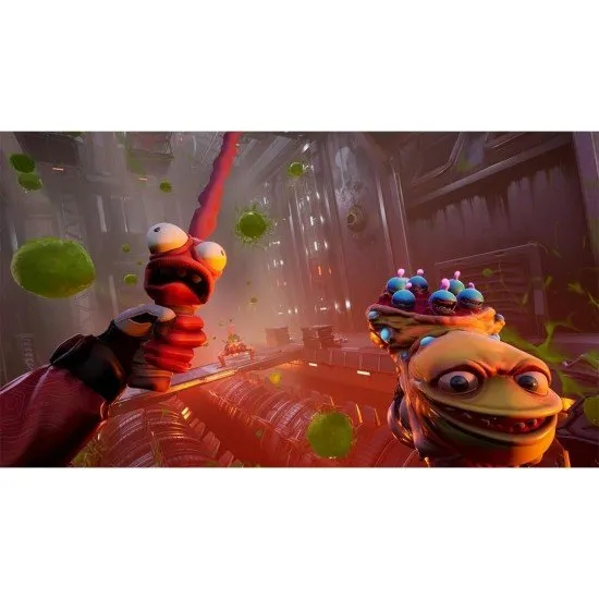 A colourful alien world with a human holding a blue talking pistol looking at a massive purple creature