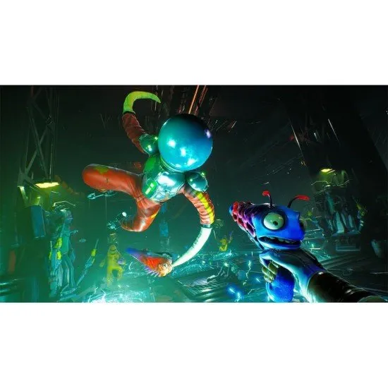 A colourful alien world with a human holding a blue talking pistol looking at a massive purple creature