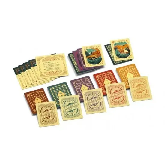 Art Deco style cards featuring luxury items like yachts, perfume, and champagne with gold foil accents