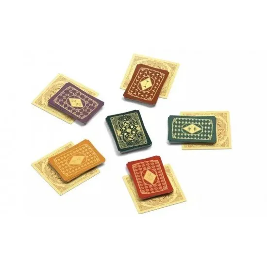 Art Deco style cards featuring luxury items like yachts, perfume, and champagne with gold foil accents