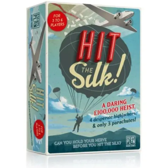 Hit the Silk 2nd Edition semi-cooperative heist card game box featuring crashing plane parachute and cash briefcase artwork