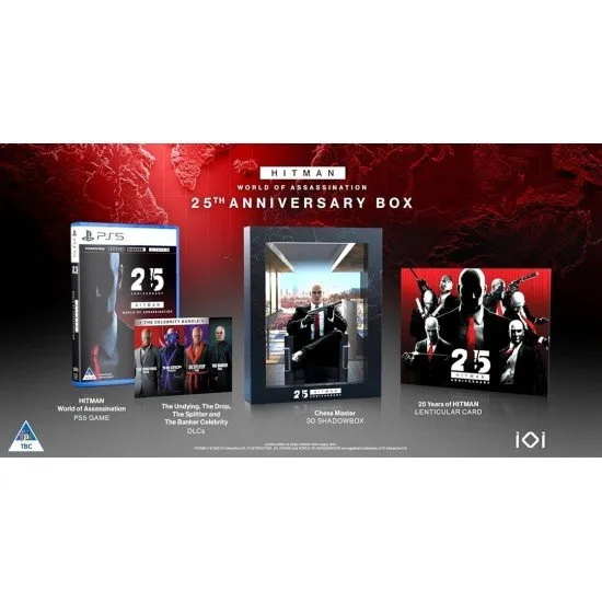 Hitman World of Assassination 25th Anniversary Edition PS5 IO Interactive Hitman World of Assassination 25th Anniversary Edition PS5 box art showing Agent 47 and the included collectibles: 3D Shadowbox and Lenticular Card