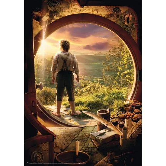 The Hobbit Leaving Bag End 1000 Piece Puzzle The box art for The Hobbit: Leaving Bag End 1000-piece jigsaw puzzle, featuring Bilbo Baggins and the dwarves leaving his house in the Shire.