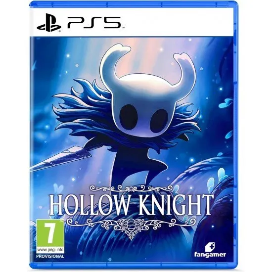 A PlayStation 5 game case showing the iconic small Knight holding a nail weapon under a glowing blue cavern background with crumbling ancient ruins
