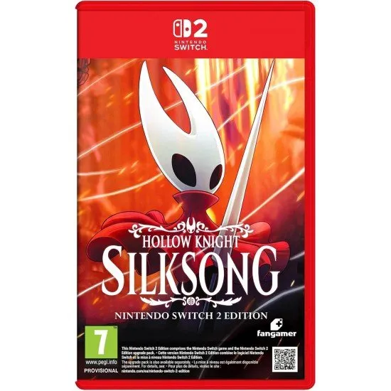 A Nintendo Switch 2 game case displaying Hornet posing dynamically with a massive needle weapon against a backdrop of deep scarlet silk ribbons and stone ruins