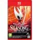 A Nintendo Switch 2 game case displaying Hornet posing dynamically with a massive needle weapon against a backdrop of deep scarlet silk ribbons and stone ruins