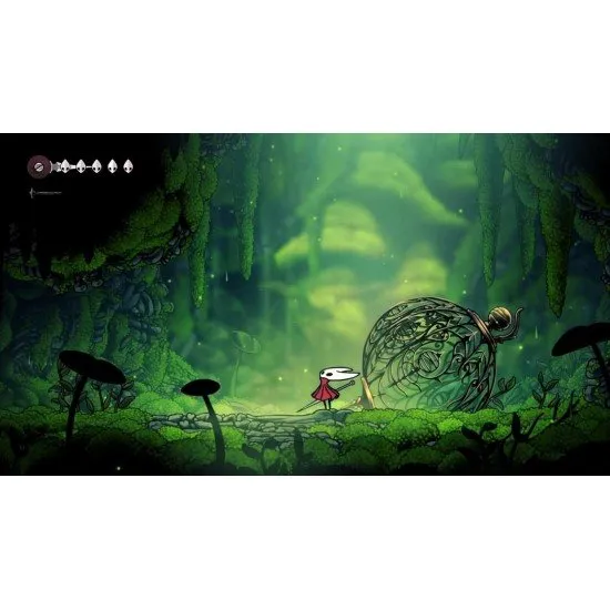 A PlayStation 5 game case showcasing a detailed fantasy setting with Hornet standing victoriously atop a ruined bell tower under a dramatic, crimson-lit sky