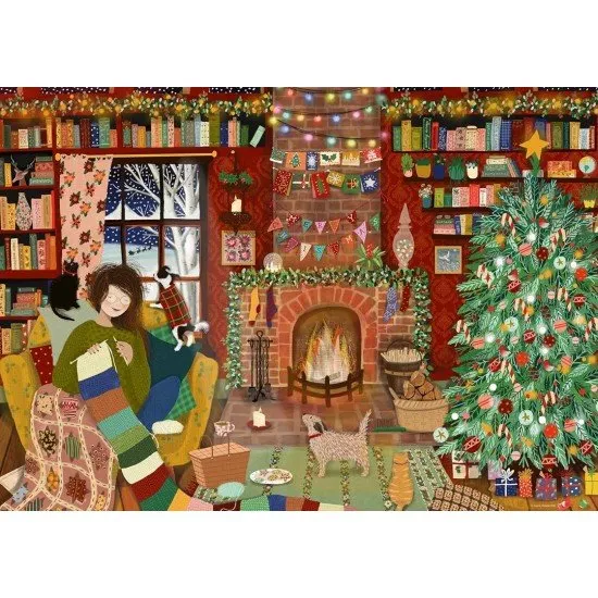 Ravensburger Jigsaw Puzzle Home for Christmas showing a cozy, decorated living room with a crackling fireplace and a Christmas tree full of presents