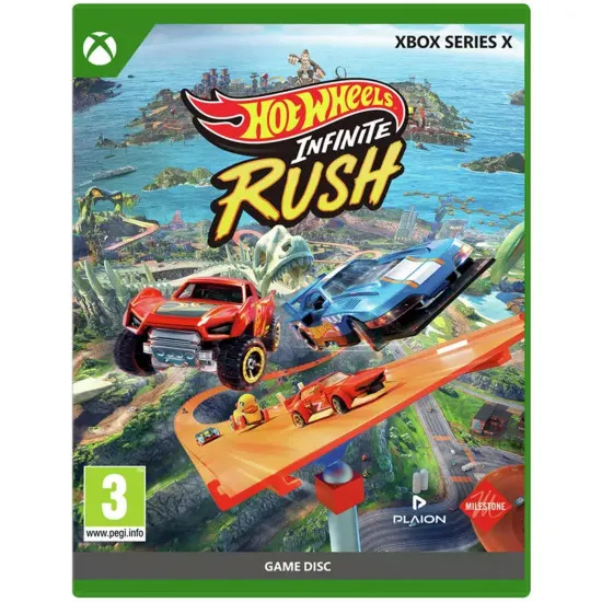 Xbox Series X game case for Hot Wheels Infinite Rush displaying customized cars drifting through resort and desert landscapes