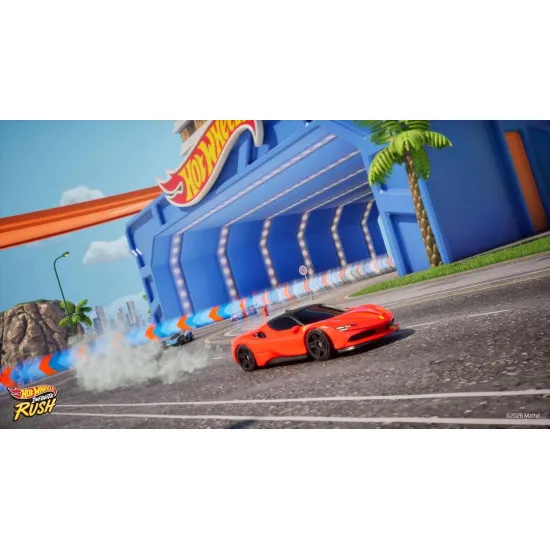 PlayStation 5 game case for Hot Wheels Infinite Rush showing iconic die-cast cars drifting through a neon-lit city track
