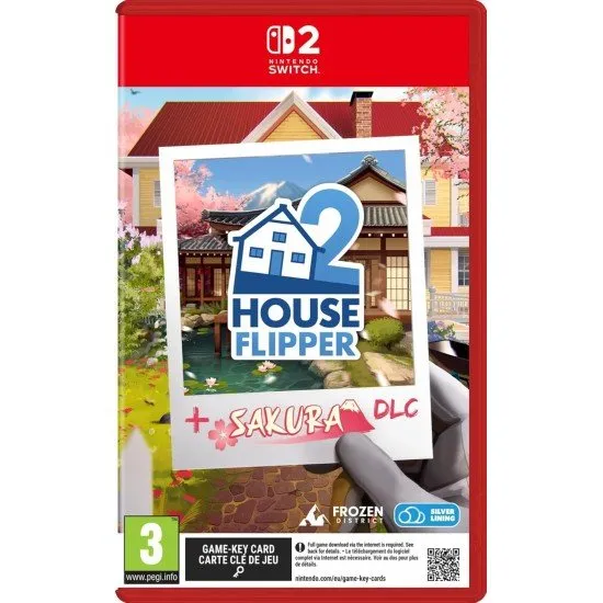 A Nintendo Switch 2 game case showing a modern suburban house alongside a serene Japanese garden filled with blooming pink cherry blossom trees