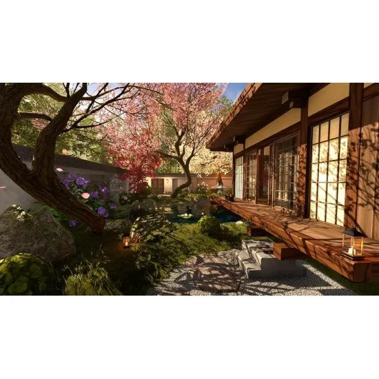 A Nintendo Switch 2 game case showing a modern suburban house alongside a serene Japanese garden filled with blooming pink cherry blossom trees