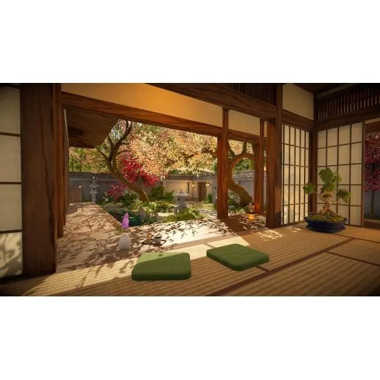 A Nintendo Switch 2 game case showing a modern suburban house alongside a serene Japanese garden filled with blooming pink cherry blossom trees