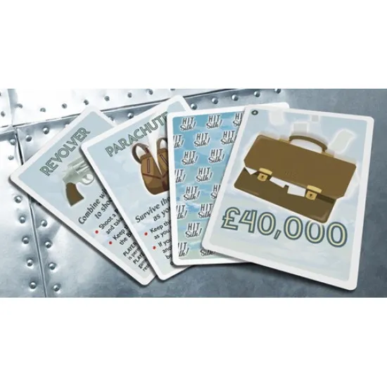 Hit the Silk 2nd Edition semi-cooperative heist card game box featuring crashing plane parachute and cash briefcase artwork