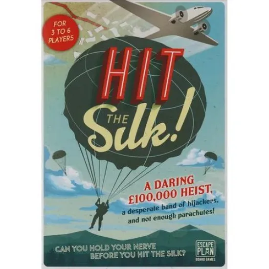 Hit the Silk 2nd Edition semi-cooperative heist card game box featuring crashing plane parachute and cash briefcase artwork