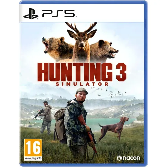 PlayStation 5 game case for Hunting Simulator 3 featuring a hunter and hunting dog in the open wilderness