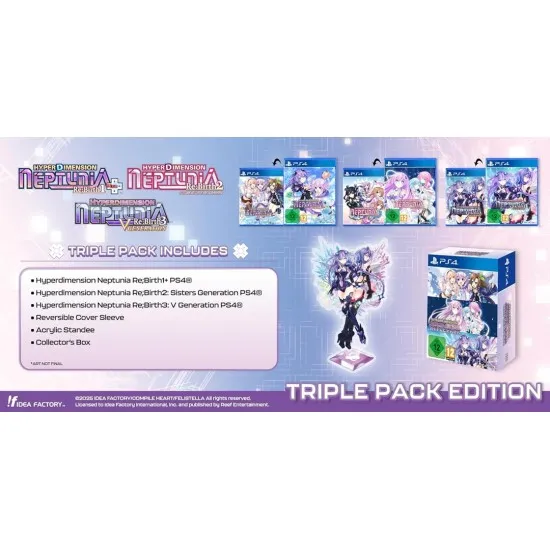 Hyperdimension Neptunia ReBirth Triple Pack PS4 The box art for the Hyperdimension Neptunia ReBirth Triple Pack on PS4, showing the main character Neptune and other goddesses from the games.
