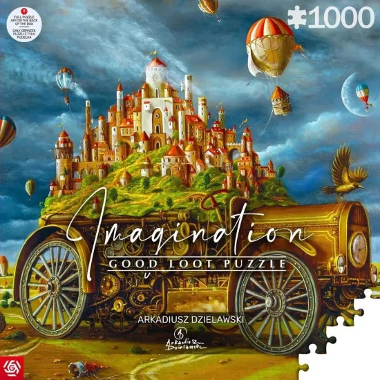 Imagination 1000 piece jigsaw puzzle box featuring Arkadiusz Dzielawski Wielka Przeprowadzka magical realism painting with layered detail and symbolism