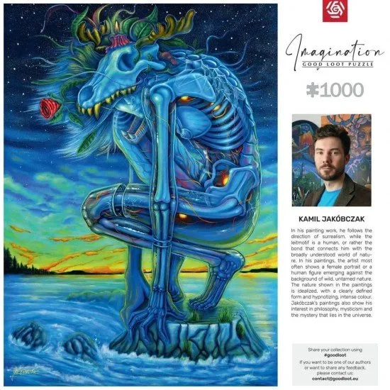 Imagination 1000 piece jigsaw puzzle box featuring Kamil Jakobczak Bialy Wilk surrealist female portrait and wild nature artwork