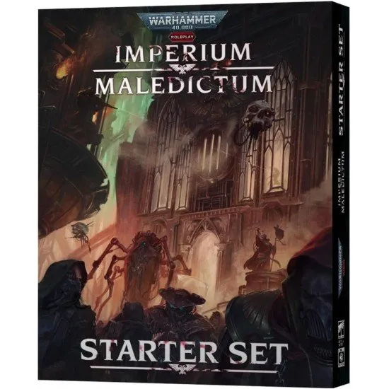 The Imperium Maledictum Starter Set box featuring atmospheric artwork of Imperial citizens and a powerful patron in a gothic cityscape