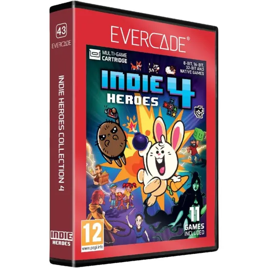 An Evercade cartridge case featuring a vibrant collage of modern indie characters from the included eleven retro games