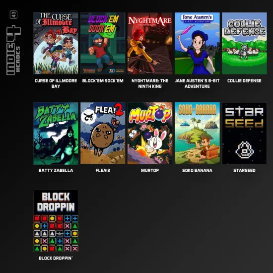 An Evercade cartridge case featuring a vibrant collage of modern indie characters from the included eleven retro games