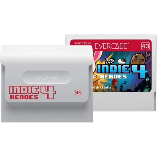 An Evercade cartridge case featuring a vibrant collage of modern indie characters from the included eleven retro games