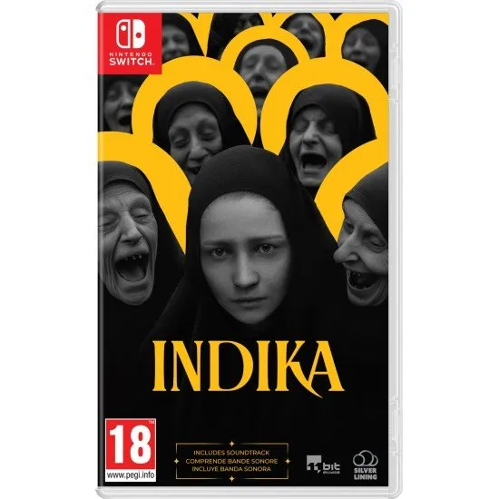 Indika Nintendo Switch box art showing the nun Indika and the devil in a surreal Russian landscape