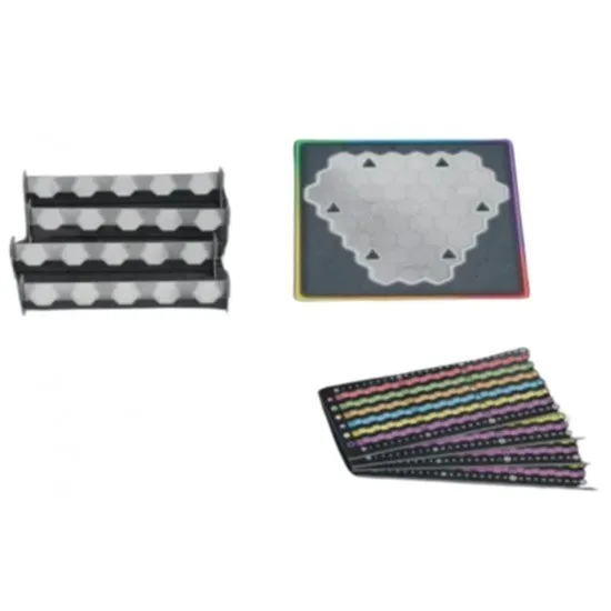 Ingenious 3D board game components showing colorful hexagonal tiles being stacked on a vertical grid