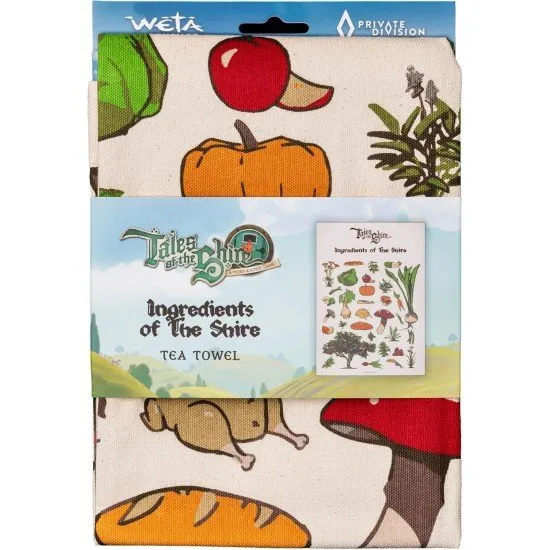 A cream-coloured tea towel featuring botanical illustrations of Shire herbs, fruits, and vegetables with artistic script