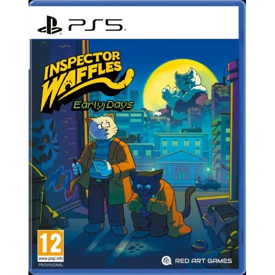 Inspector Waffles: Early Days PS5 video game cover art showing the cat protagonist, Inspector Waffles, and his partner, Pancakes, in a noir-style detective scene