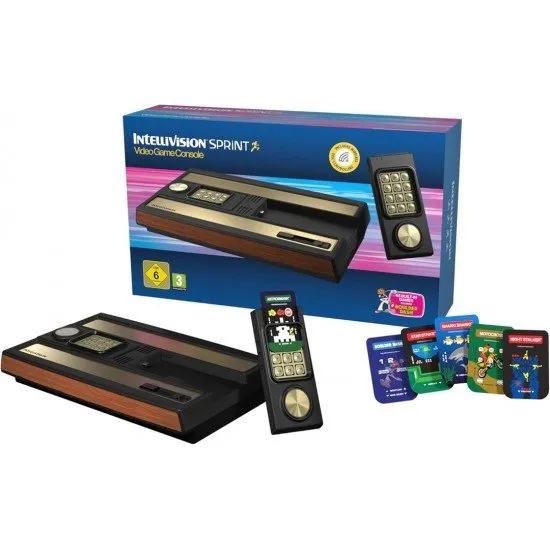 Intellivision Sprint console and wireless controllers, showcasing the new compact design and the inclusion of 45 classic games