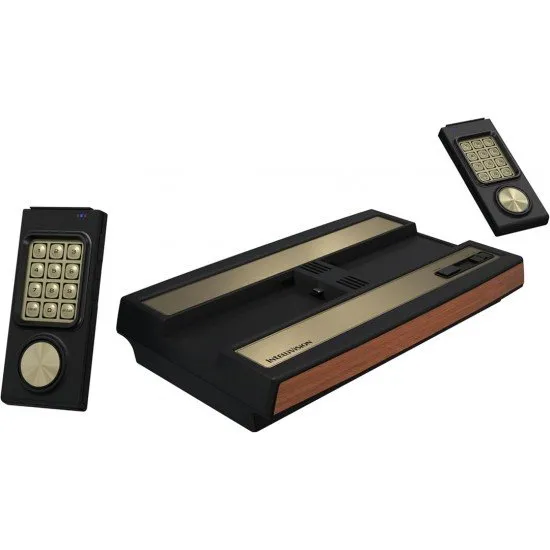 Intellivision Sprint console and wireless controllers, showcasing the new compact design and the inclusion of 45 classic games