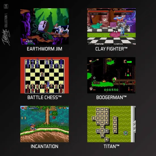 An Evercade cartridge box featuring retro character artwork from Earthworm Jim, Boogerman, and Clay Fighter in a purple-bordered collectable case