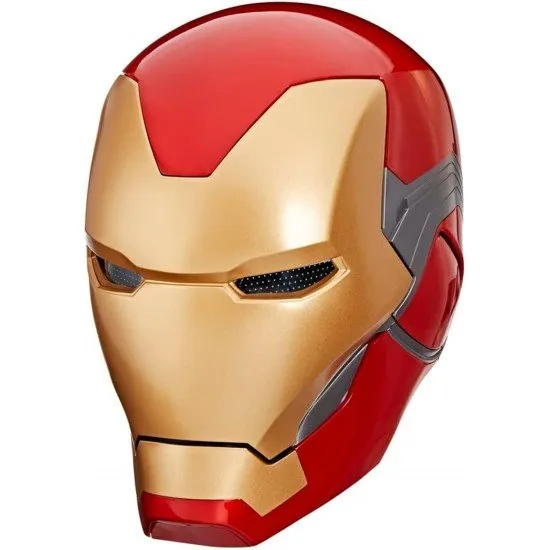 Life-sized red and gold Iron Man Mark 85 helmet with glowing blue LED eyes